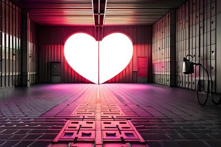 Valentine's Day background. Glowing neon heart on a futuristic wallの素材