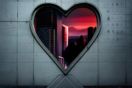 Valentine's Day background. Glowing neon heart on a futuristic wallの素材