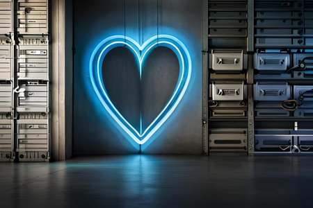 Valentine's Day background. Glowing neon heart on a futuristic wallの素材