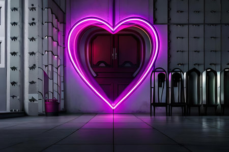Valentine's Day background. Glowing neon heart on a futuristic wallの素材