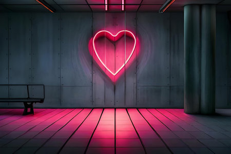 Valentine's Day background. Glowing neon heart on a futuristic wallの素材