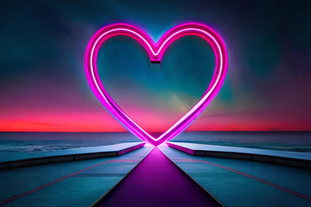 Valentine's Day background. Glowing neon heart on a futuristic wallの素材