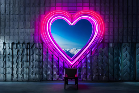 Valentine's Day background. Glowing neon heart on a futuristic wallの素材