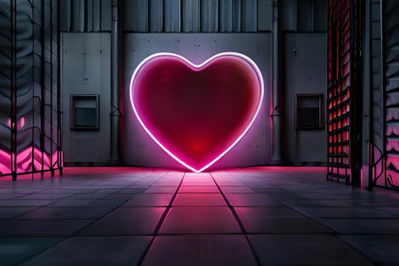 Valentine's Day background. Glowing neon heart on a futuristic wallの素材