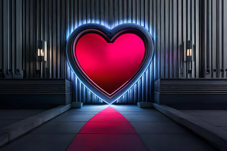 Valentine's Day background. Glowing neon heart on a futuristic wallの素材