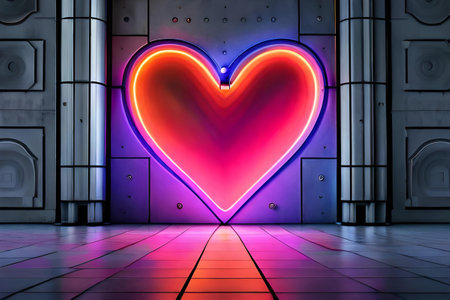 Valentine's Day background. Glowing neon heart on a futuristic wallの素材