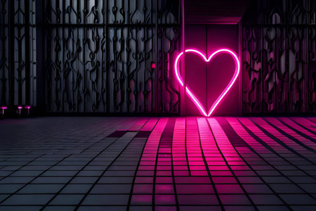 Valentine's Day background. Glowing neon heart on a futuristic wallの素材