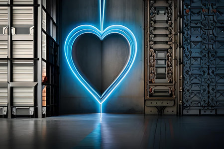 Valentine's Day background. Glowing neon heart on a futuristic wallの素材