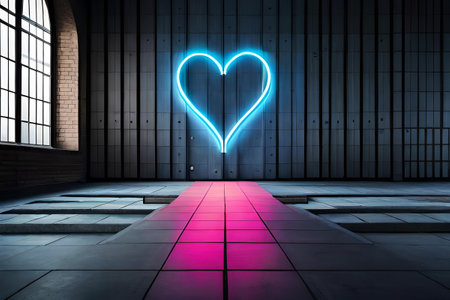 Valentine's Day background. Glowing neon heart on a futuristic wallの素材