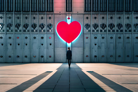 Valentine's Day background. Glowing neon heart on a futuristic wallの素材