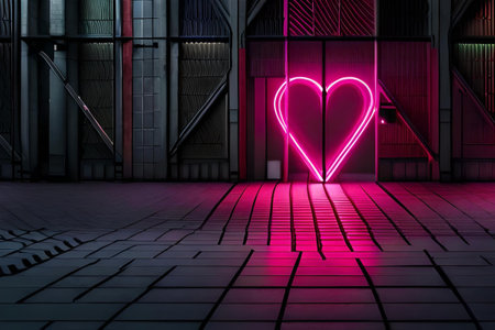 Valentine's Day background. Glowing neon heart on a futuristic wallの素材