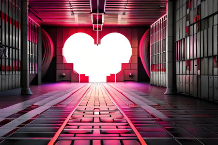 Valentine's Day background. Glowing neon heart on a futuristic wallの素材