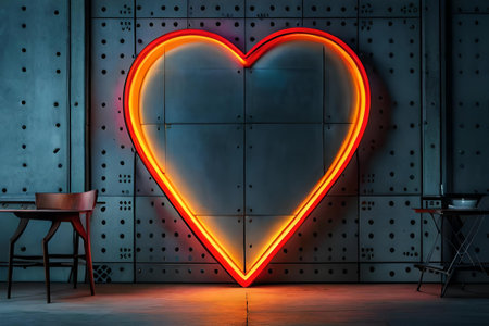 Valentine's Day background. Glowing neon heart on a futuristic wallの素材