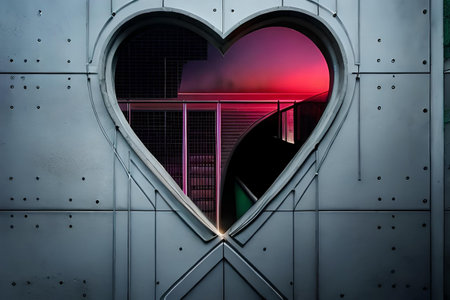 Valentine's Day background. Glowing neon heart on a futuristic wallの素材
