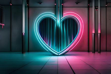 Valentine's Day background. Glowing neon heart on a futuristic wallの素材