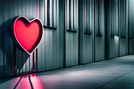 Valentine's Day background. Glowing neon heart on a futuristic wallの素材