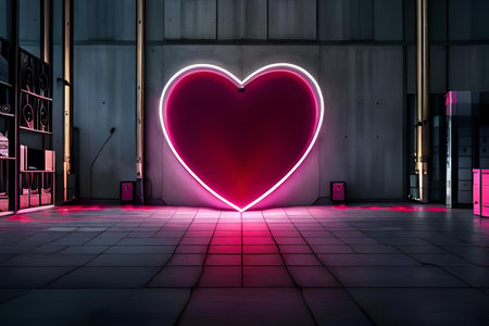 Valentine's Day background. Glowing neon heart on a futuristic wallの素材