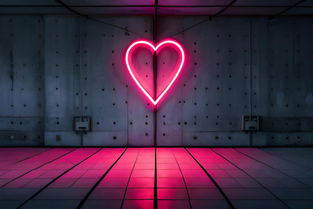 Valentine's Day background. Glowing neon heart on a futuristic wallの素材