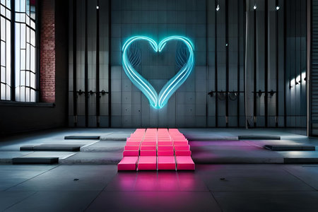 Valentine's Day background. Glowing neon heart on a futuristic wallの素材
