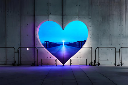 Valentine's Day background. Glowing neon heart on a futuristic wallの素材