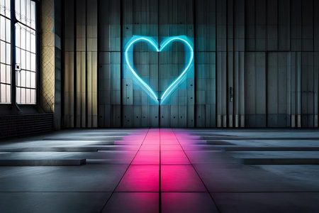 Valentine's Day background. Glowing neon heart on a futuristic wallの素材