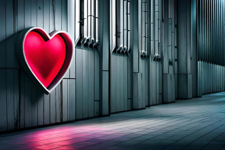 Valentine's Day background. Glowing neon heart on a futuristic wallの素材