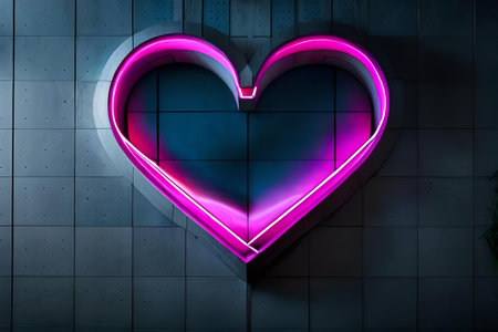 Valentine's Day background. Glowing neon heart on a futuristic wallの素材
