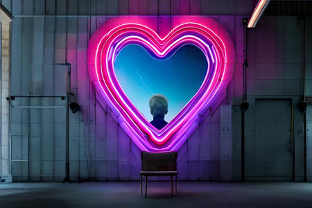 Valentine's Day background. Glowing neon heart on a futuristic wallの素材