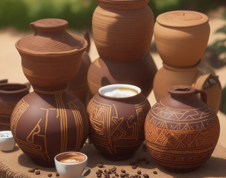 Coffee cup and coffee beans. Coffee background. african patterns , fair trade coffee productの素材