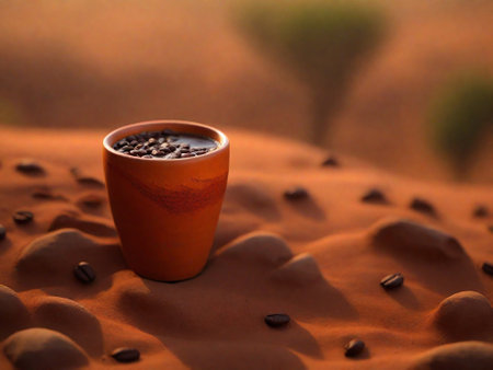 Coffee cup and coffee beans. Coffee background. african patterns , fair trade coffee productの素材