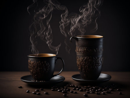 Coffee cup and coffee beans. Coffee background. african patterns , fair trade coffee productの素材