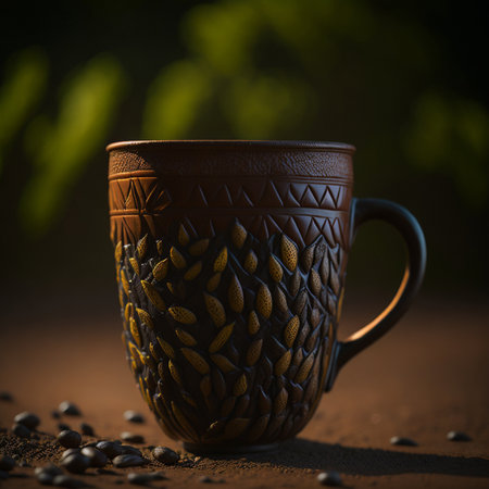Coffee cup and coffee beans. Coffee background. african patterns , fair trade coffee productの素材
