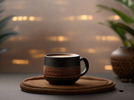 Coffee cup and coffee beans. Coffee background. african patterns , fair trade coffee productの素材