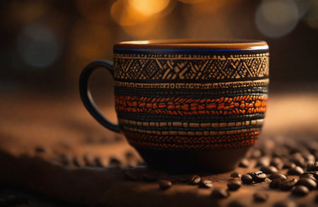 Coffee cup and coffee beans. Coffee background. african patterns , fair trade coffee productの素材