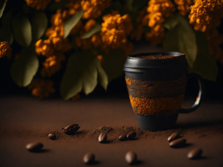 Coffee cup and coffee beans. Coffee background. african patterns , fair trade coffee productの素材