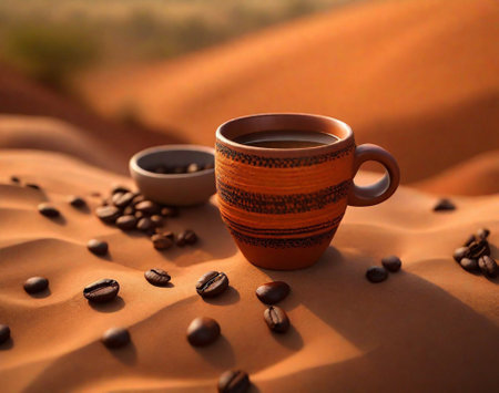 Coffee cup and coffee beans. Coffee background. african patterns , fair trade coffee productの素材