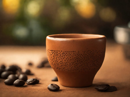 Coffee cup and coffee beans. Coffee background. african patterns , fair trade coffee productの素材