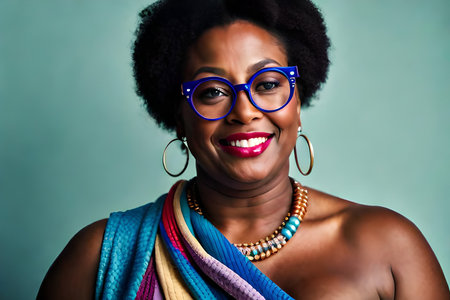 cheerful and happy chubby black lgbt woman , minority freedom , pride and empowerment , eccentric and colorful styleの素材