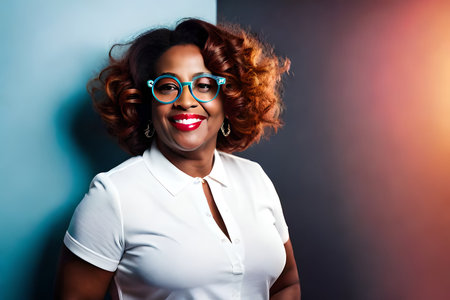 cheerful and happy chubby black lgbt woman , minority freedom , pride and empowerment , eccentric and colorful styleの素材