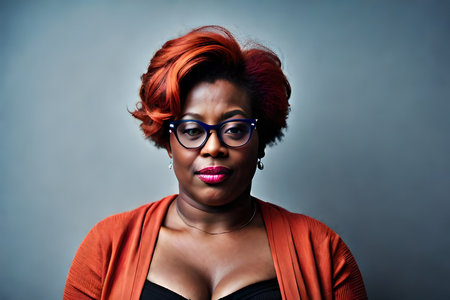 cheerful and happy chubby black lgbt woman , minority freedom , pride and empowerment , eccentric and colorful styleの素材