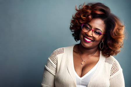 beautiful african american woman with curly hairstyle and glassesの素材