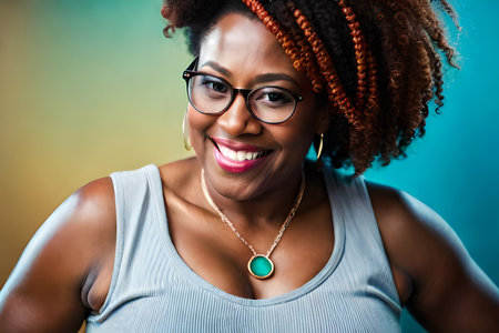 Portrait of a beautiful young african american woman wearing glasses.の素材