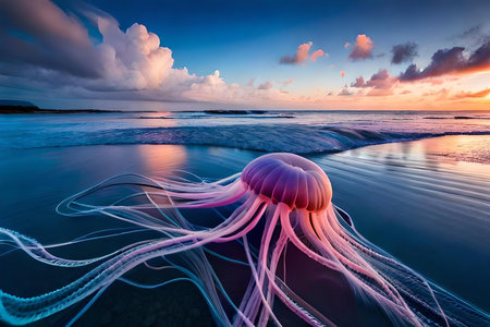 abstract pink and blue jellyfish like creature ,floating translucent alien organic tentaclesの素材