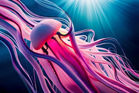 abstract pink and blue jellyfish like creature ,floating translucent alien organic tentaclesの素材