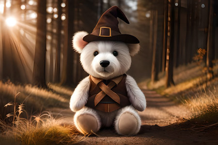 cute Teddy bear wearing a wizard costume in the forest. halloween themeの素材