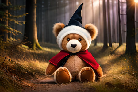 cute Teddy bear wearing a wizard costume in the forest. halloween themeの素材