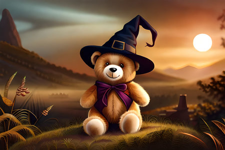 cute Teddy bear wearing a wizard costume in the forest. halloween themeの素材