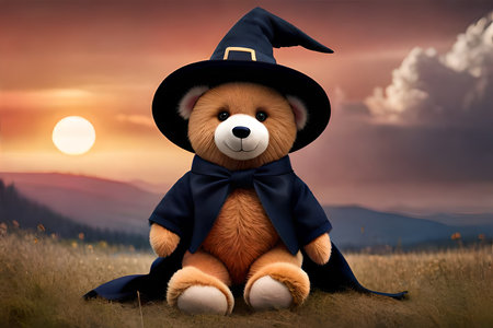 cute Teddy bear wearing a wizard costume in the forest. halloween themeの素材