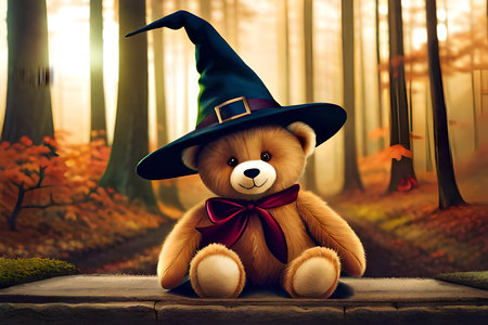 cute Teddy bear wearing a wizard costume in the forest. halloween themeの素材