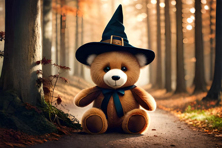 cute Teddy bear wearing a wizard costume in the forest. halloween themeの素材